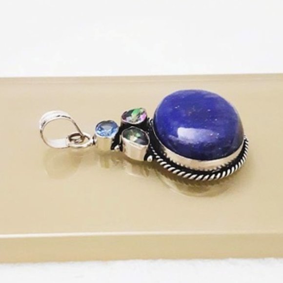 Blue Lapis Lazuli (pd7) Multicolor Tourmaline Pendant 925 Silver Plated Jewelry - Picture 3 of 7